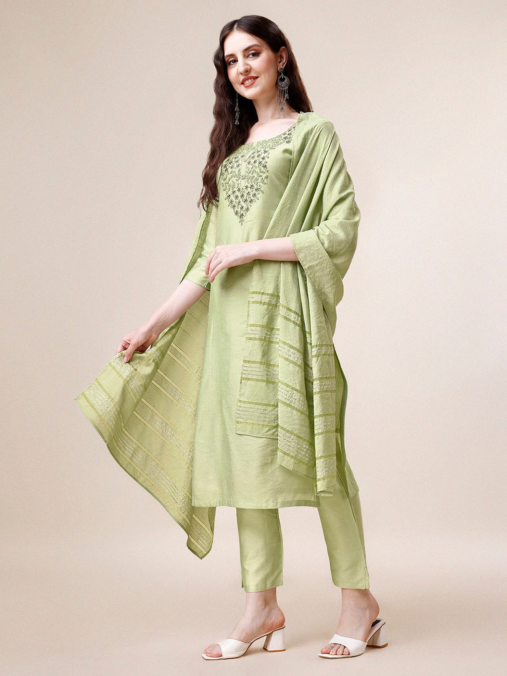 Embroidered Kurta With Pant And Dupatta Set, Multicolor - Hiral Fashion - Distacart