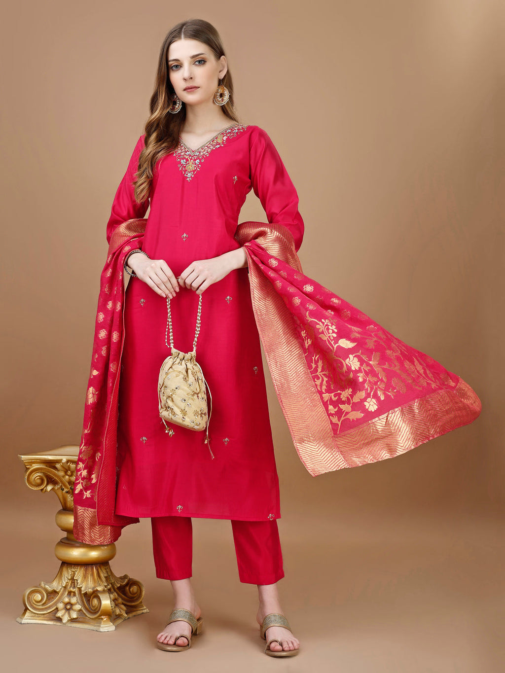 Hand Embroidered Kurta With Pant & Banarasi Dupatta Premium, Multicolor - Hiral Fashion