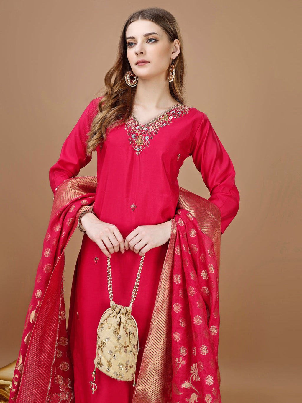 Hand Embroidered Kurta With Pant & Banarasi Dupatta Premium, Multicolor - Hiral Fashion