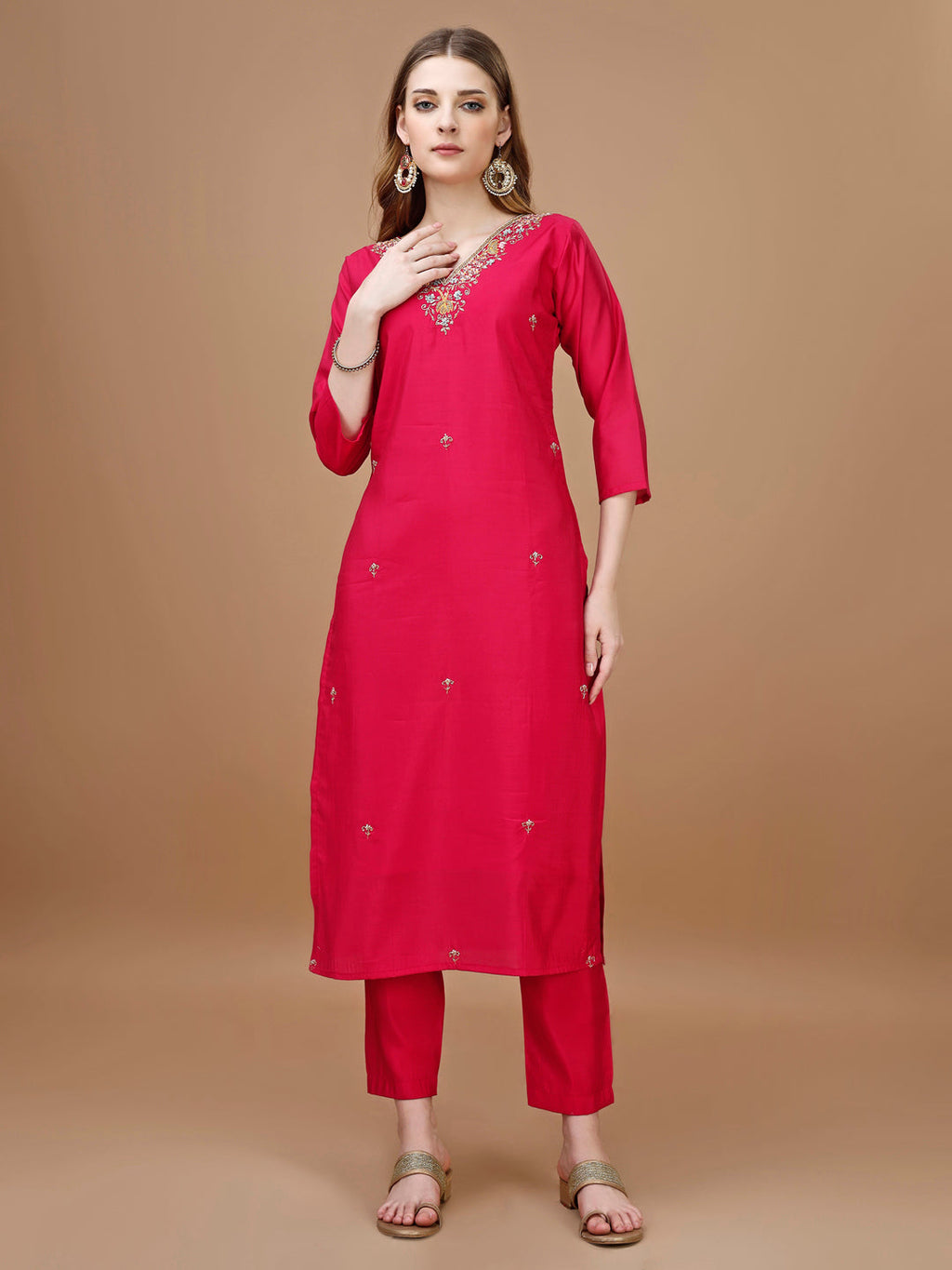 Hand Embroidered Kurta With Pant & Banarasi Dupatta Premium, Multicolor - Hiral Fashion
