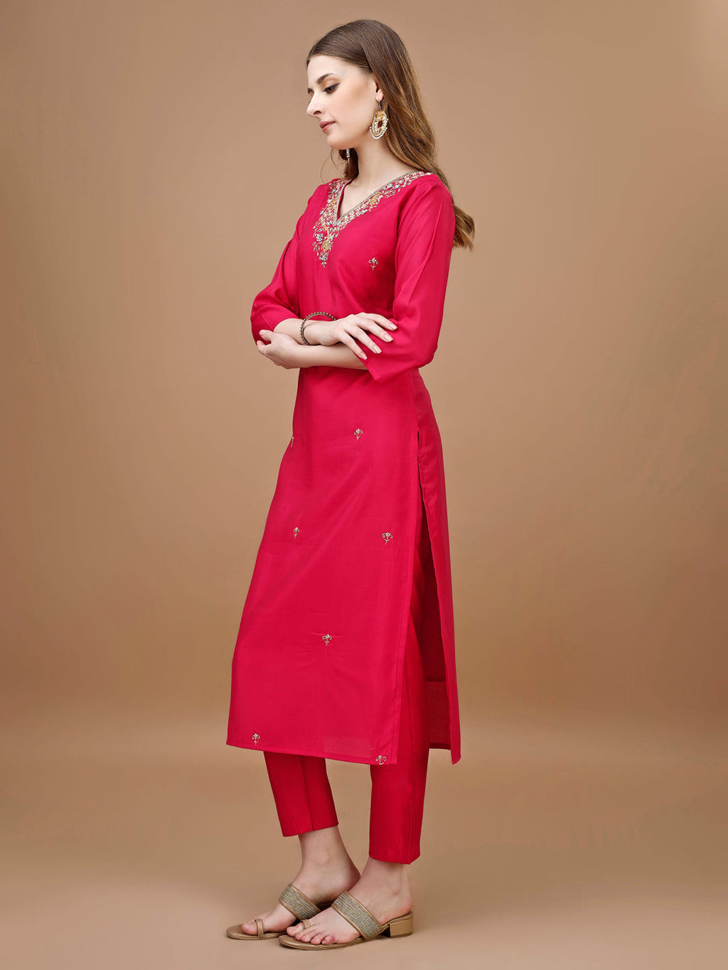 Hand Embroidered Kurta With Pant & Banarasi Dupatta Premium, Multicolor - Hiral Fashion
