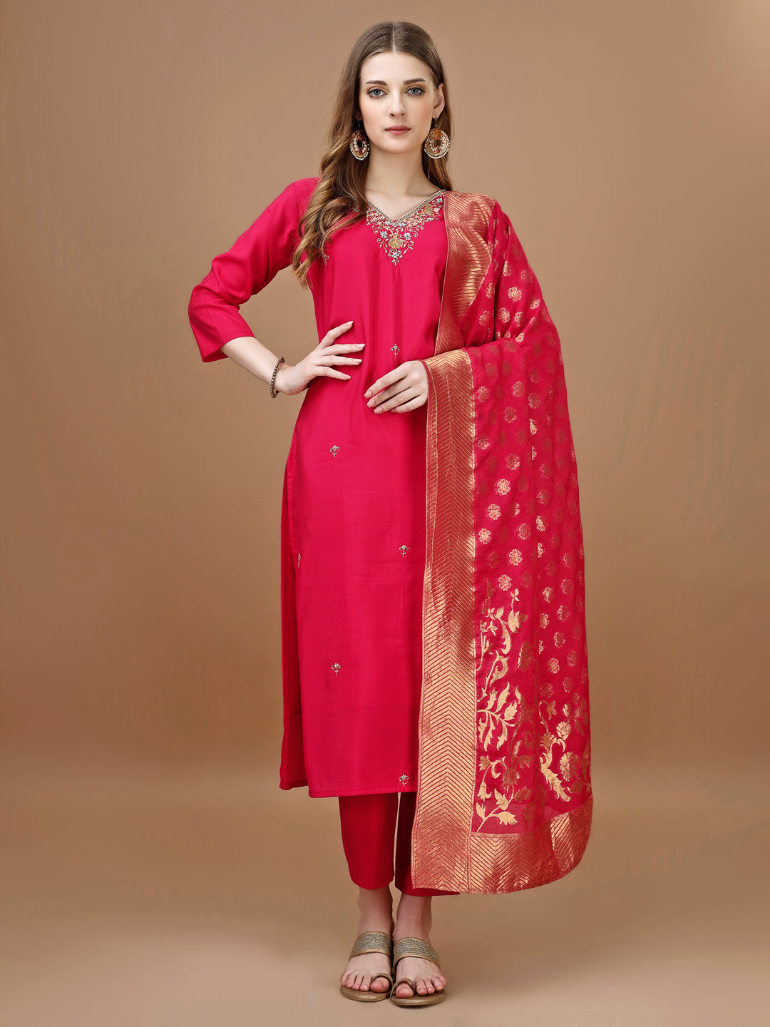 Hand Embroidered Kurta With Pant & Banarasi Dupatta Premium, Multicolor - Hiral Fashion