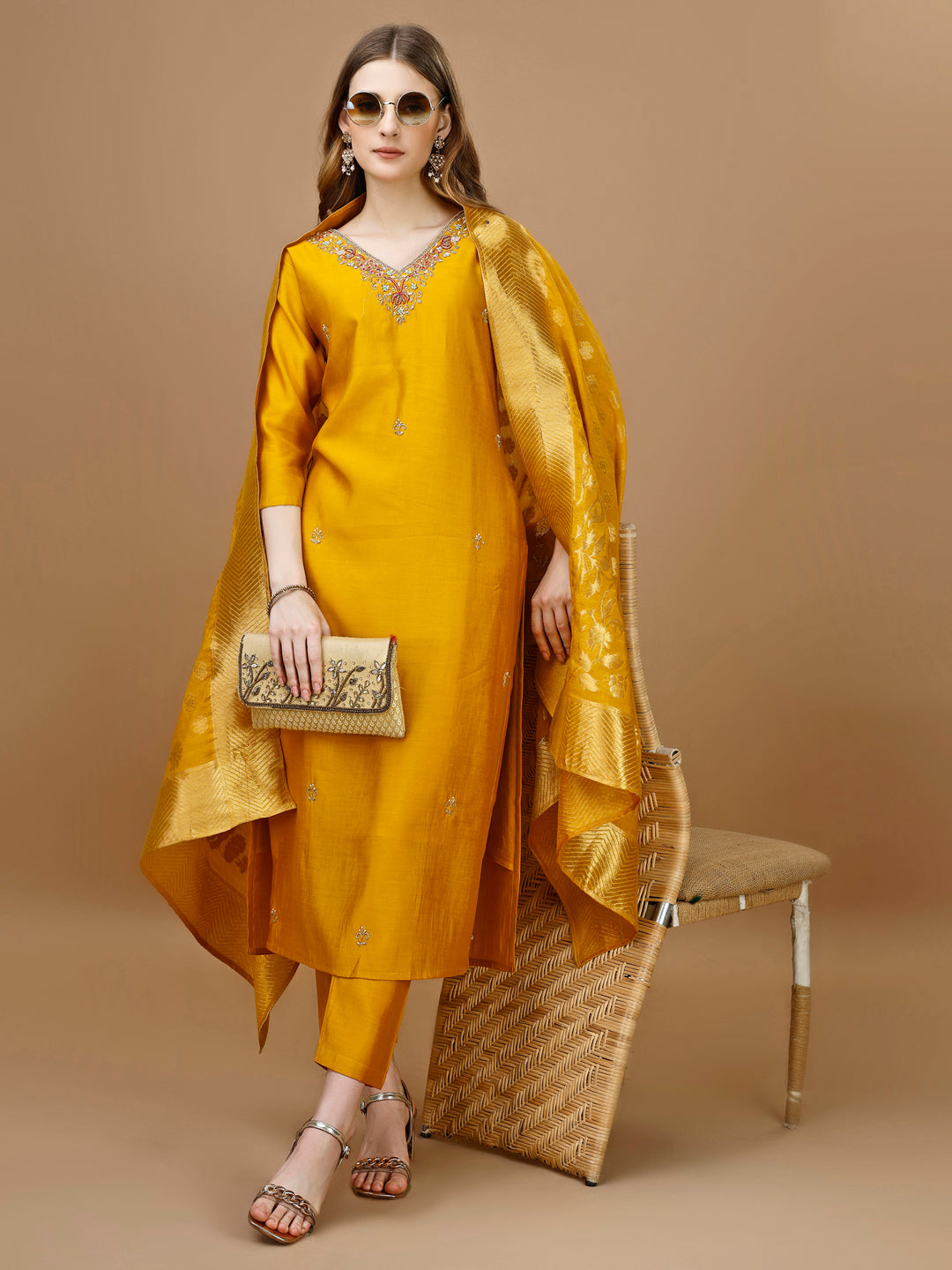 Hand Embroidered Kurta With Pant & Banarasi Dupatta Premium, Multicolor - Hiral Fashion