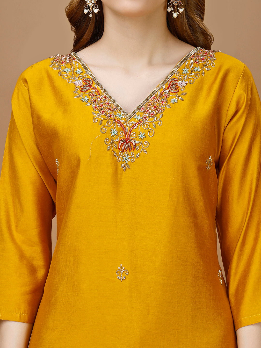 Hand Embroidered Kurta With Pant & Banarasi Dupatta Premium, Multicolor - Hiral Fashion