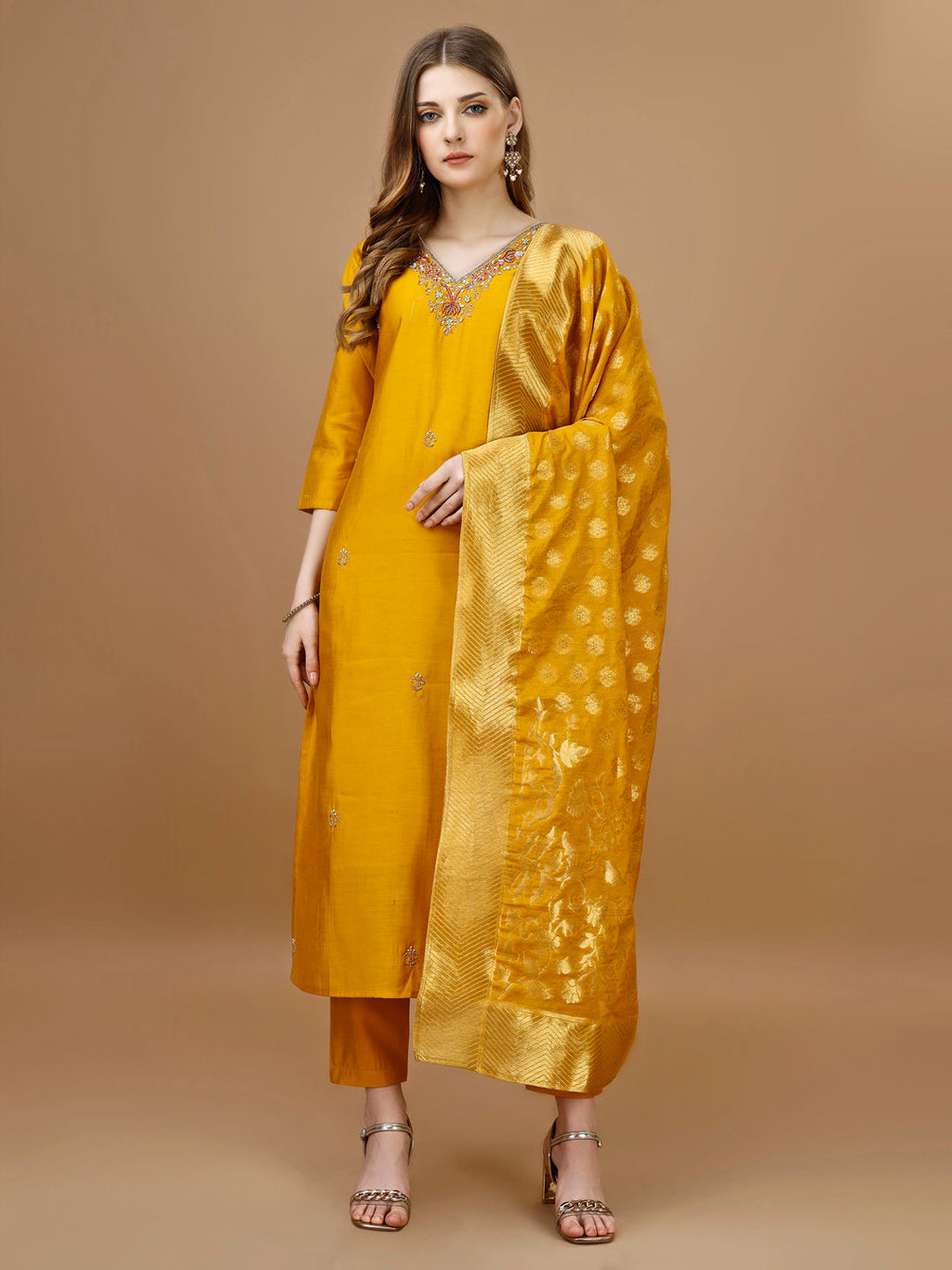 Hand Embroidered Kurta With Pant & Banarasi Dupatta Premium, Multicolor - Hiral Fashion