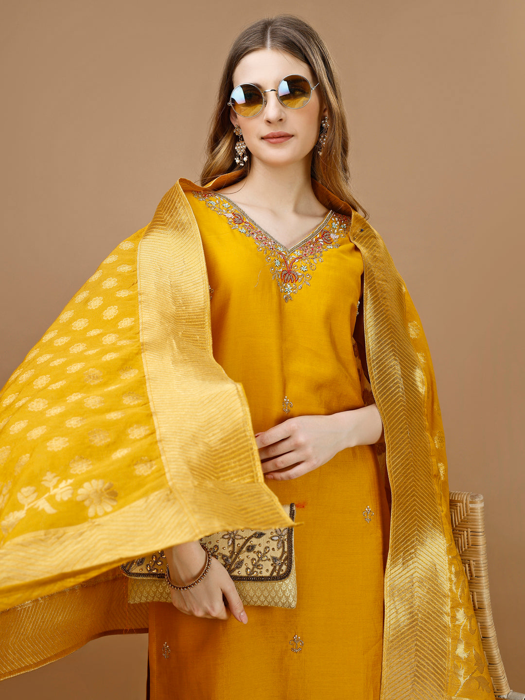 Hand Embroidered Kurta With Pant & Banarasi Dupatta Premium, Multicolor - Hiral Fashion
