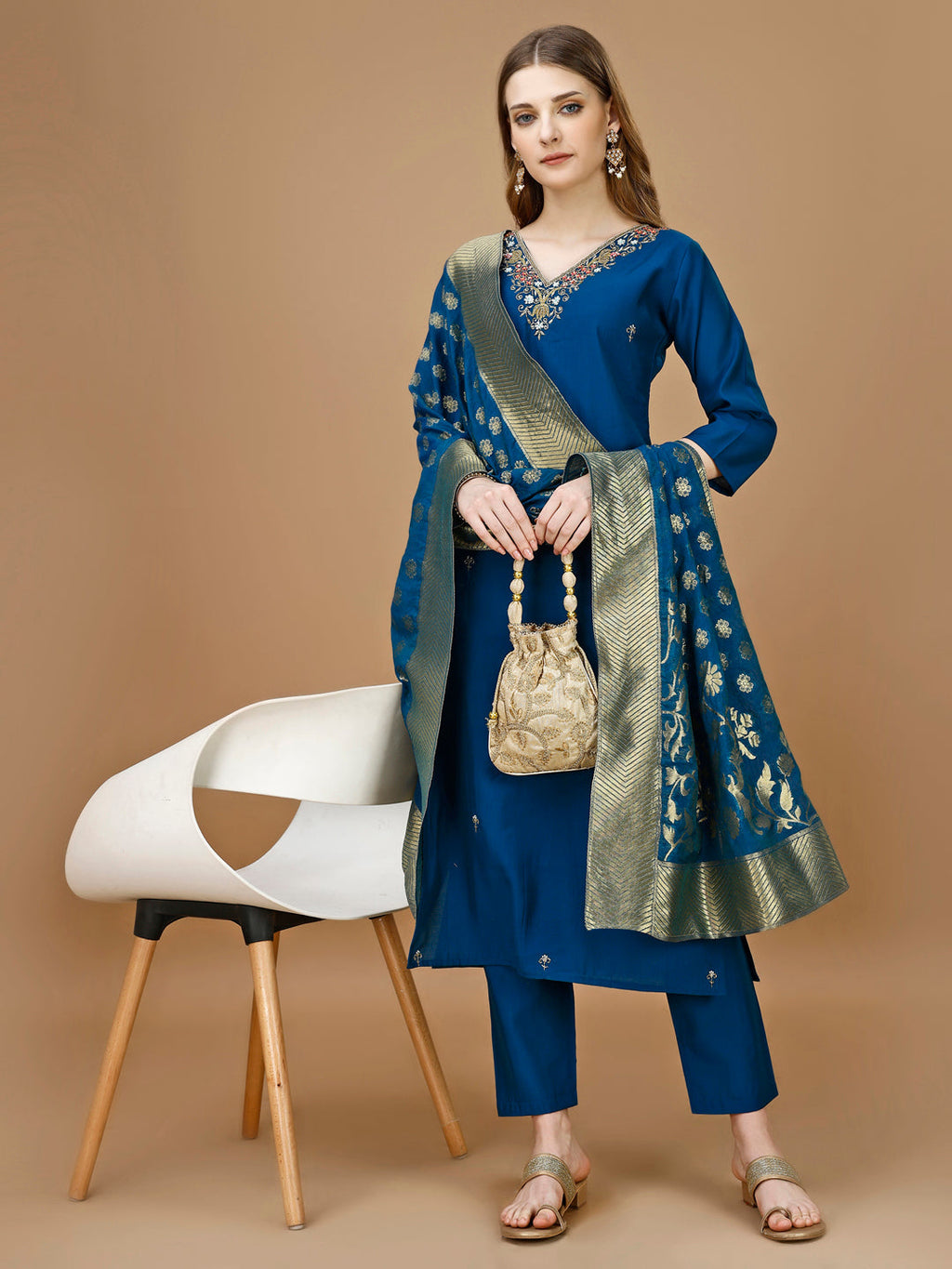 Hand Embroidered Kurta With Pant & Banarasi Dupatta Premium, Multicolor - Hiral Fashion