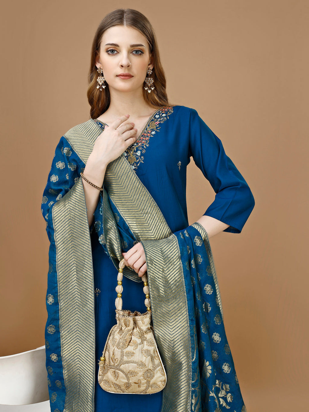 Hand Embroidered Kurta With Pant & Banarasi Dupatta Premium, Multicolor - Hiral Fashion