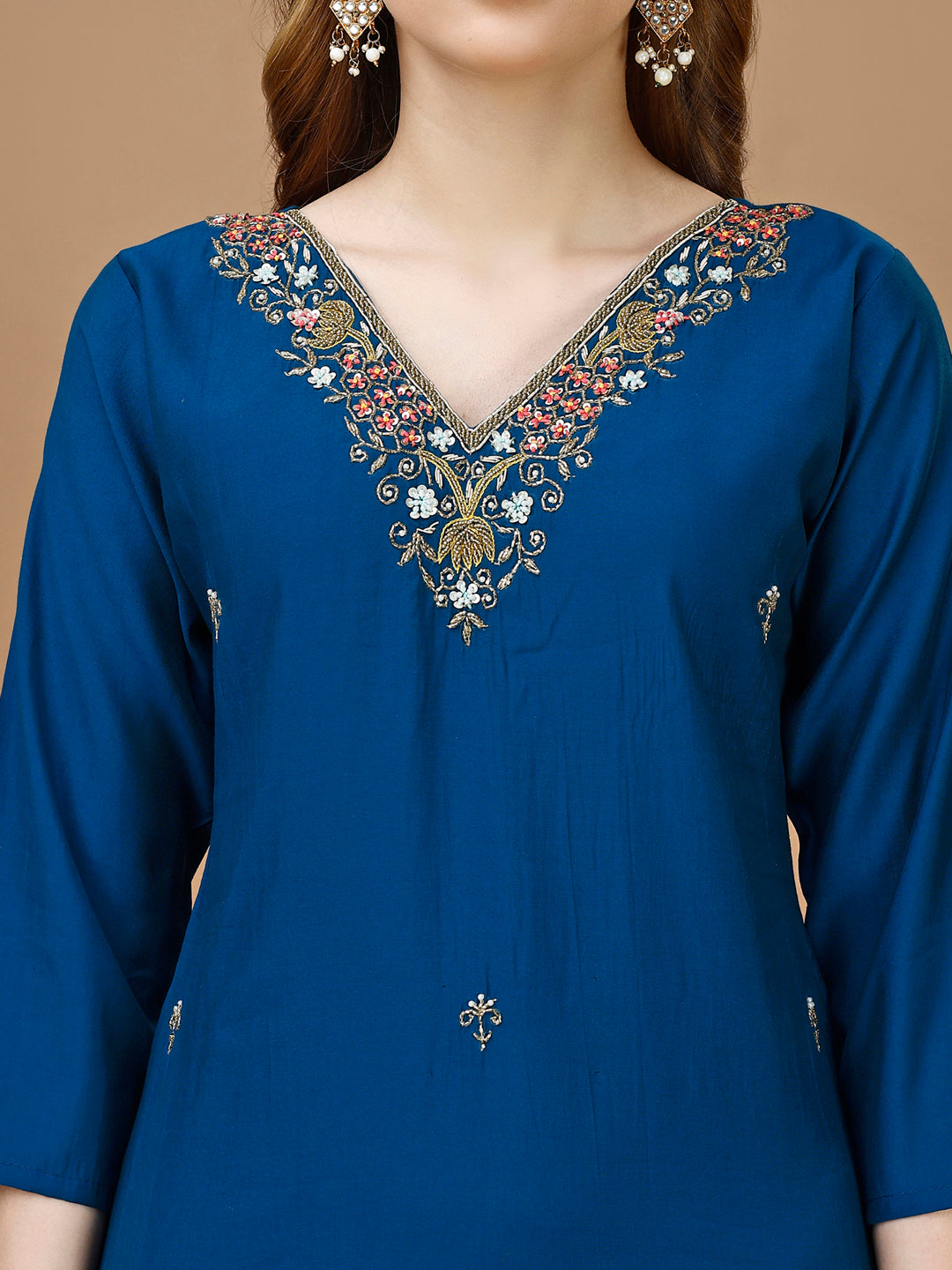 Hand Embroidered Kurta With Pant & Banarasi Dupatta Premium, Multicolor - Hiral Fashion