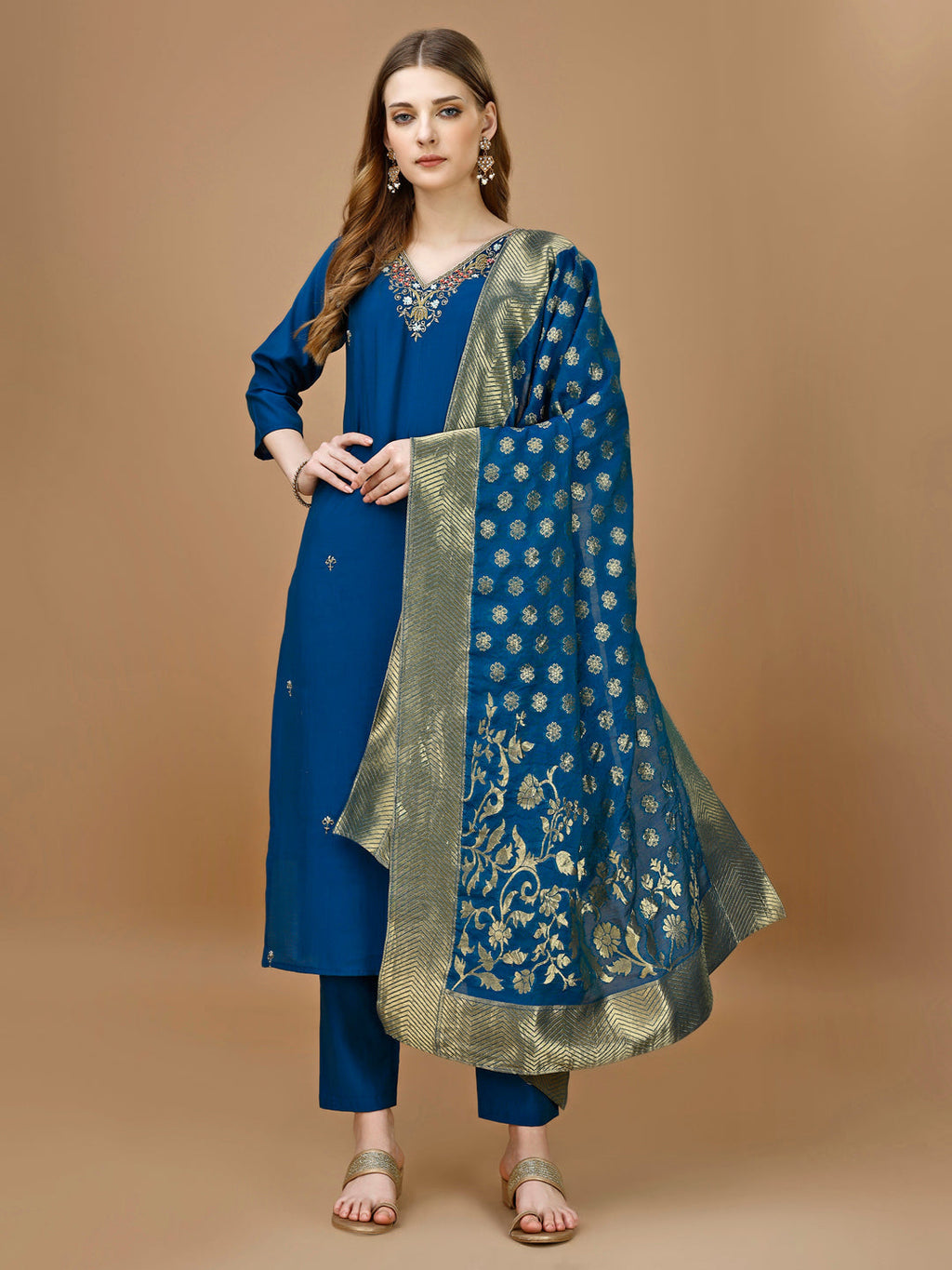 Hand Embroidered Kurta With Pant & Banarasi Dupatta Premium, Multicolor - Hiral Fashion
