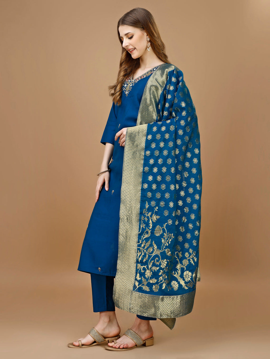 Hand Embroidered Kurta With Pant & Banarasi Dupatta Premium, Multicolor - Hiral Fashion