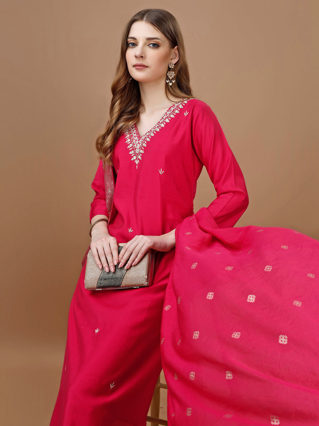 Hand Embroidered Kurta With Pant & Banarasi Dupatta Premium, Multicolor - Hiral Fashion