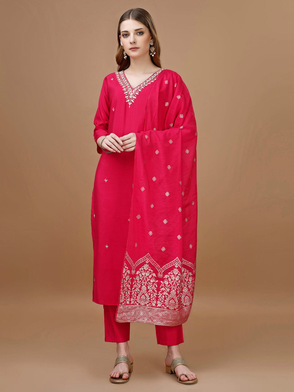 Hand Embroidered Kurta With Pant & Banarasi Dupatta Premium, Multicolor - Hiral Fashion