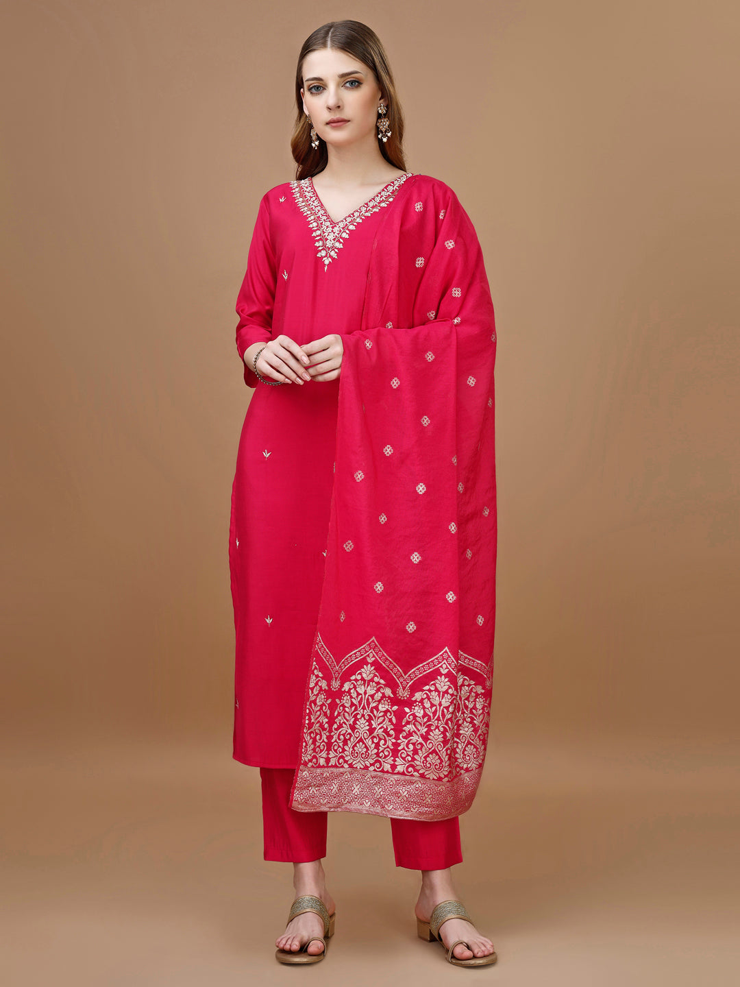 Hand Embroidered Kurta With Pant & Banarasi Dupatta Premium, Multicolor - Hiral Fashion
