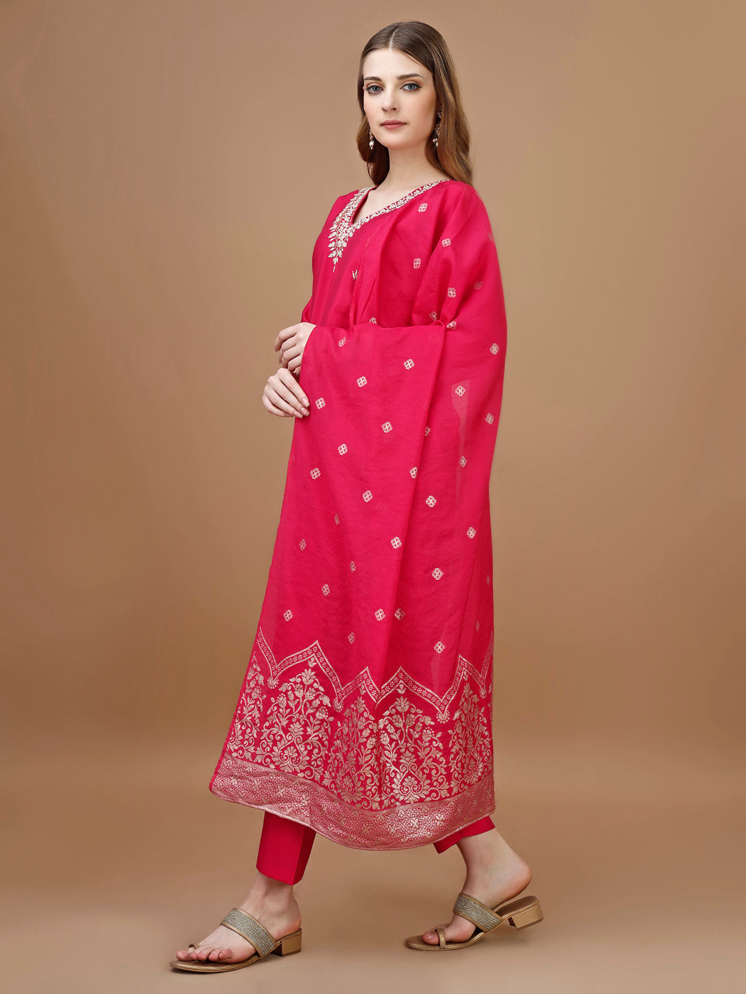 Hand Embroidered Kurta With Pant & Banarasi Dupatta Premium, Multicolor - Hiral Fashion