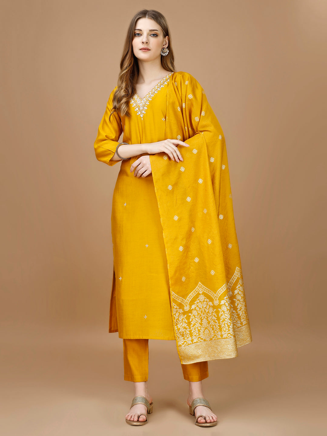Hand Embroidered Kurta With Pant & Banarasi Dupatta Premium, Multicolor - Hiral Fashion - Distacart