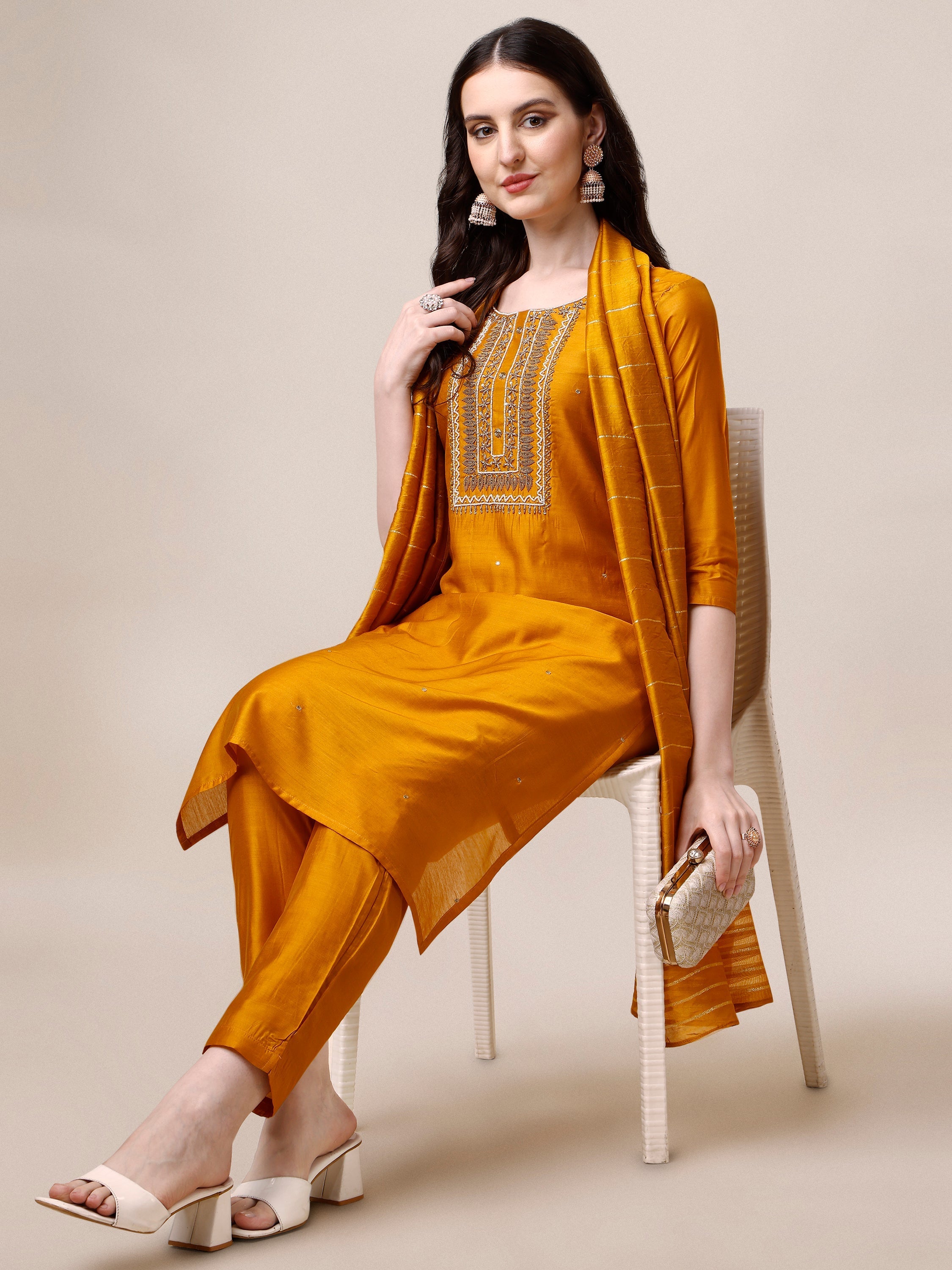 Hand Embroidered Kurta With Pant And Dupatta Set, Multicolor - Hiral Fashion - Distacart