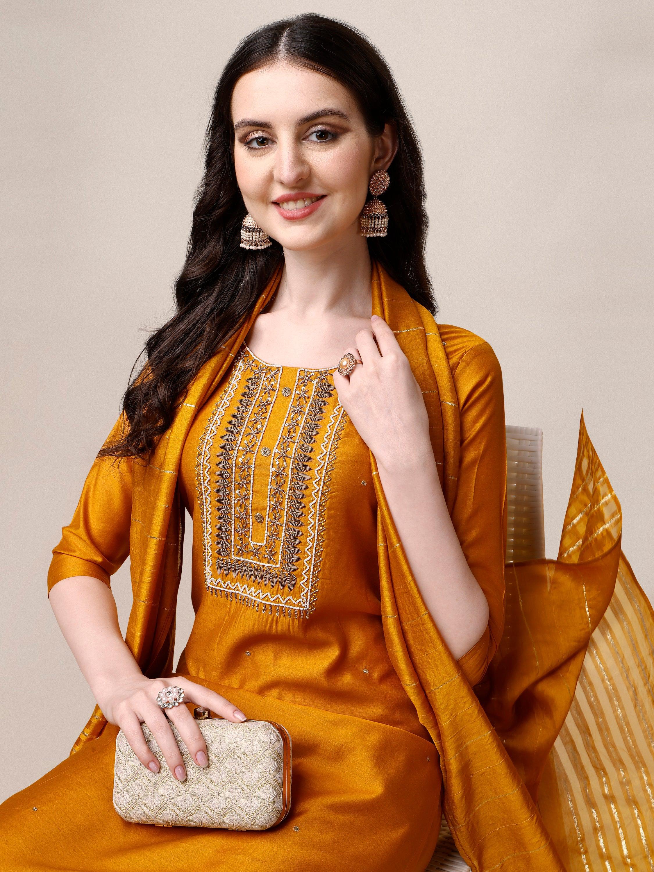 Hand Embroidered Kurta With Pant And Dupatta Set, Multicolor - Hiral Fashion - Distacart