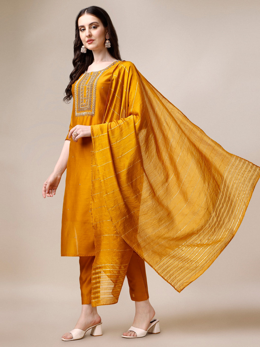 Hand Embroidered Kurta With Pant And Dupatta Set, Multicolor - Hiral Fashion - Distacart