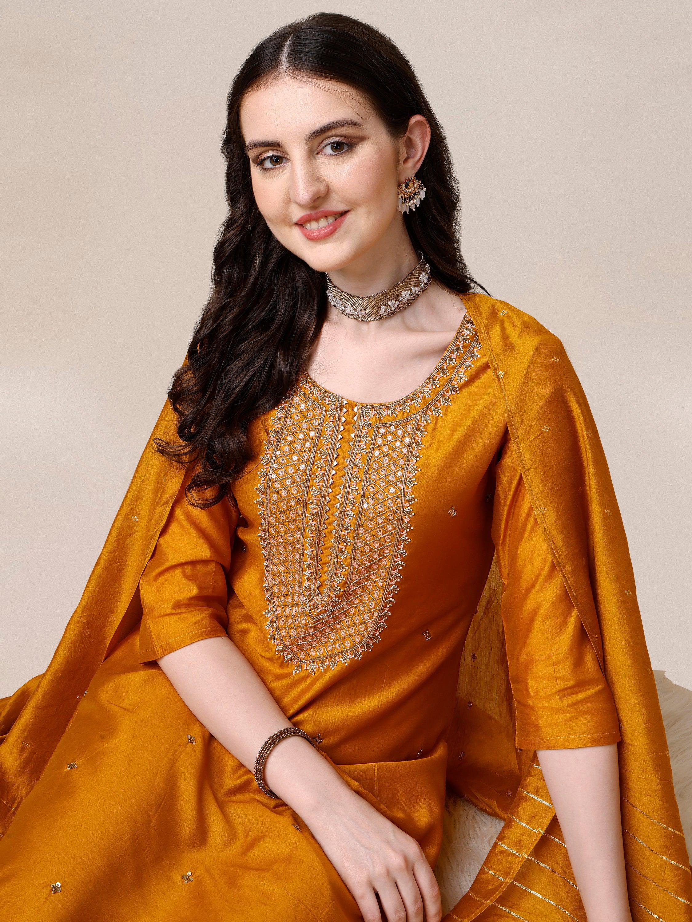 Hand Embroidered Kurta With Pant And Dupatta Set, Multicolor - Hiral Fashion - Distacart