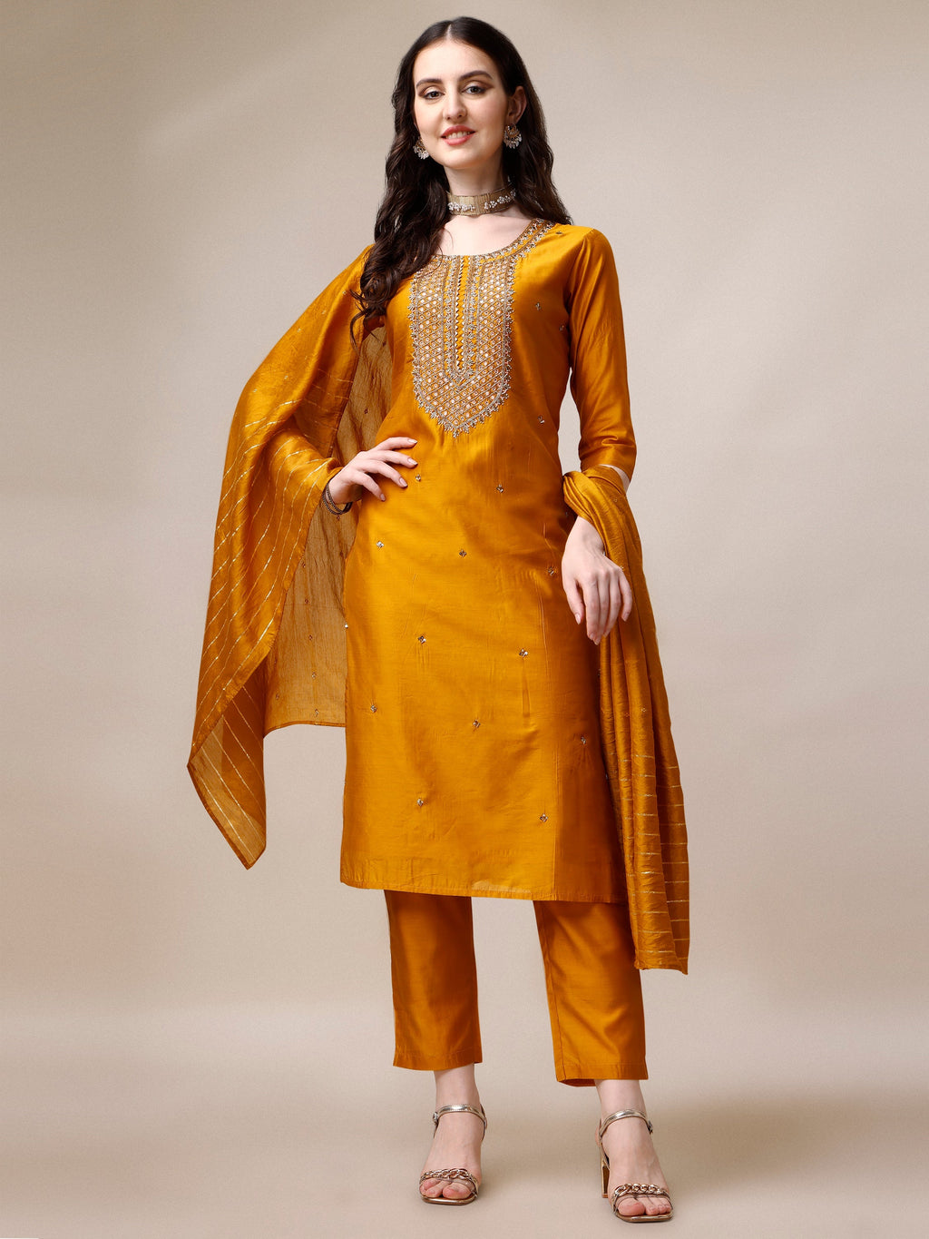 Hand Embroidered Kurta With Pant And Dupatta Set, Multicolor - Hiral Fashion - Distacart