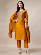 Hand Embroidered Kurta With Pant And Dupatta Set, Multicolor - Hiral Fashion - Distacart
