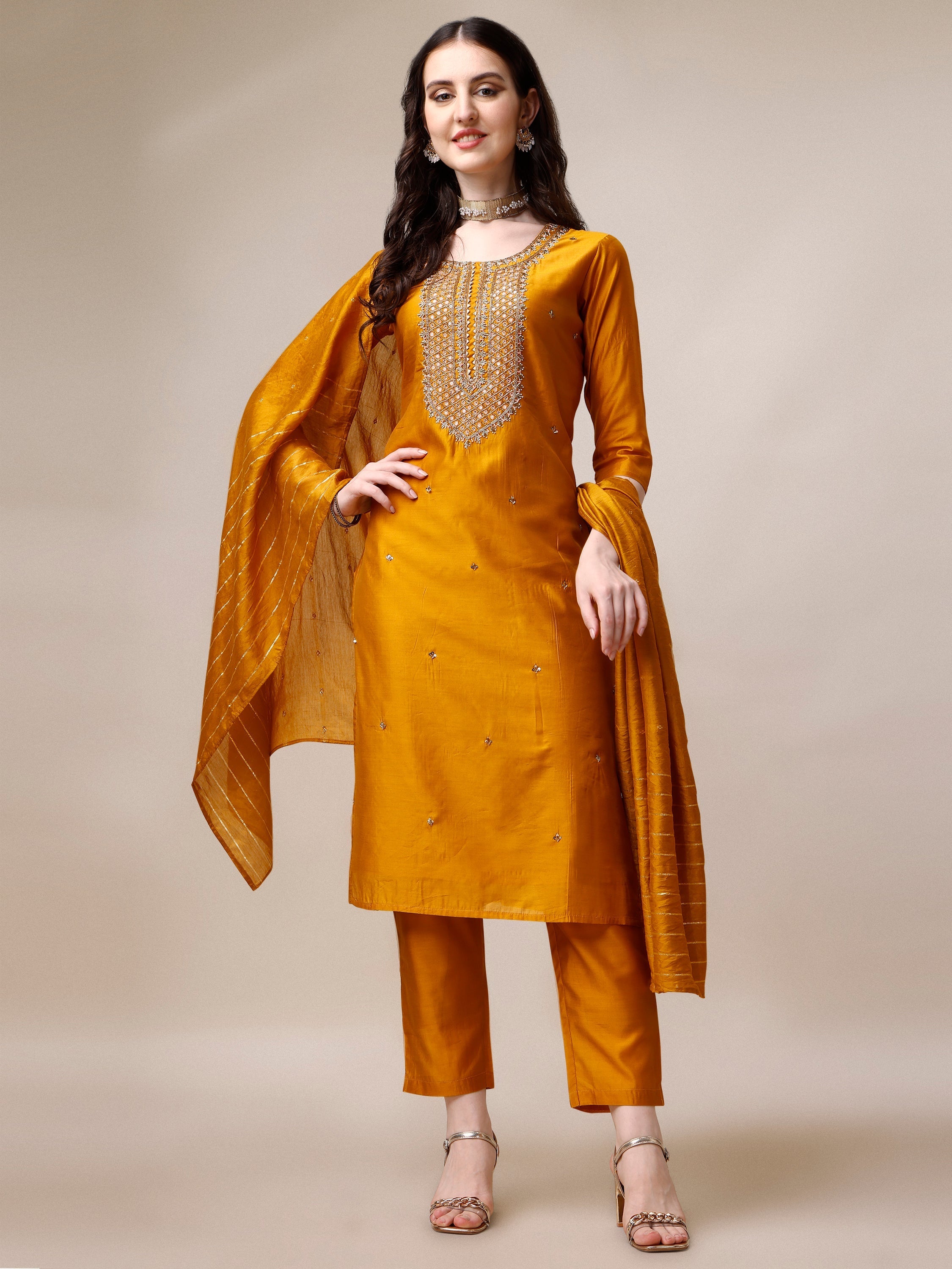 Hand Embroidered Kurta With Pant And Dupatta Set, Multicolor - Hiral Fashion - Distacart