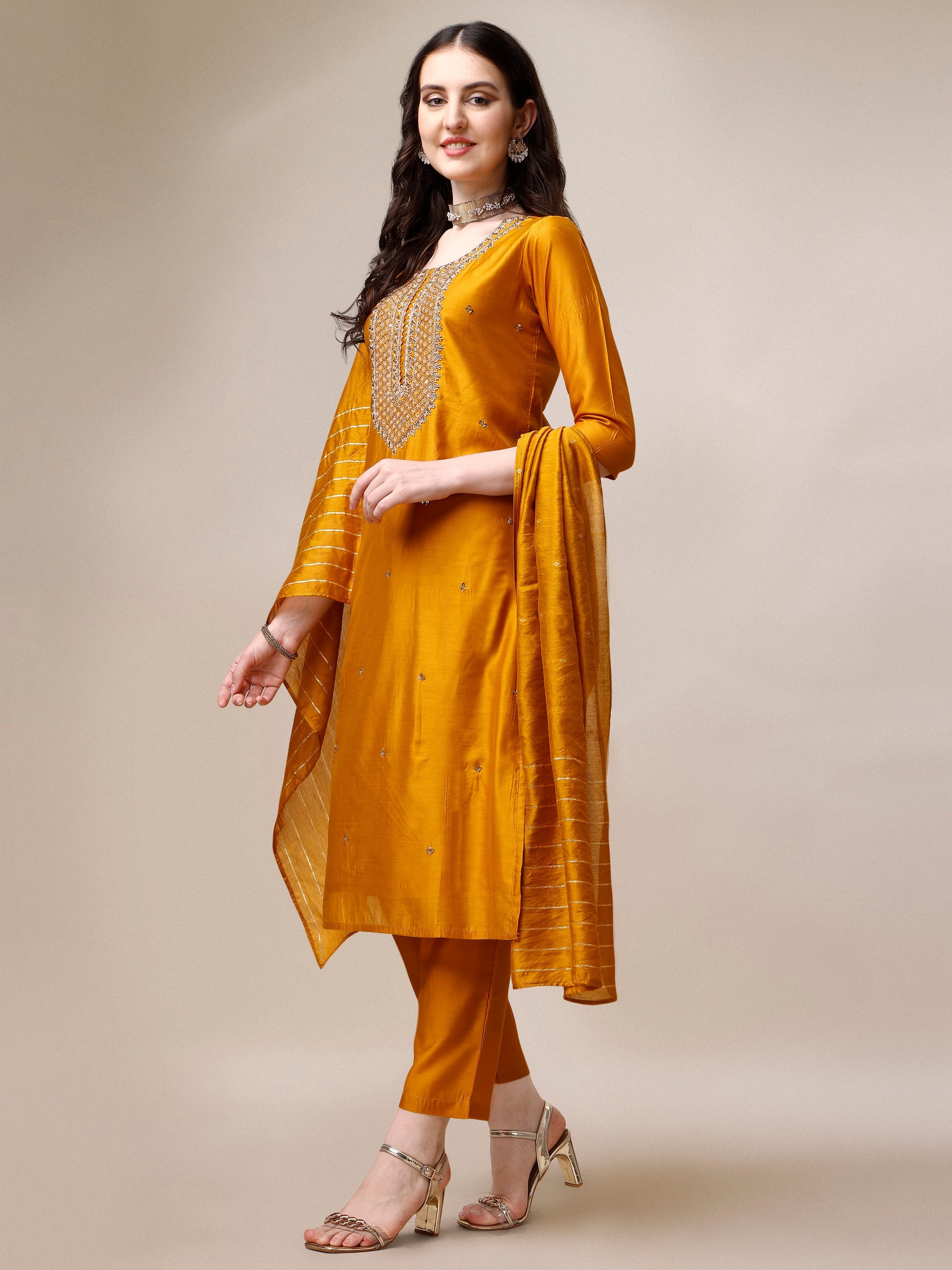 Hand Embroidered Kurta With Pant And Dupatta Set, Multicolor - Hiral Fashion - Distacart