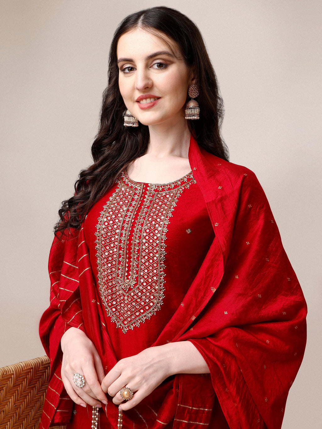 Hand Embroidered Kurta With Pant And Dupatta Set, Multicolor - Hiral Fashion