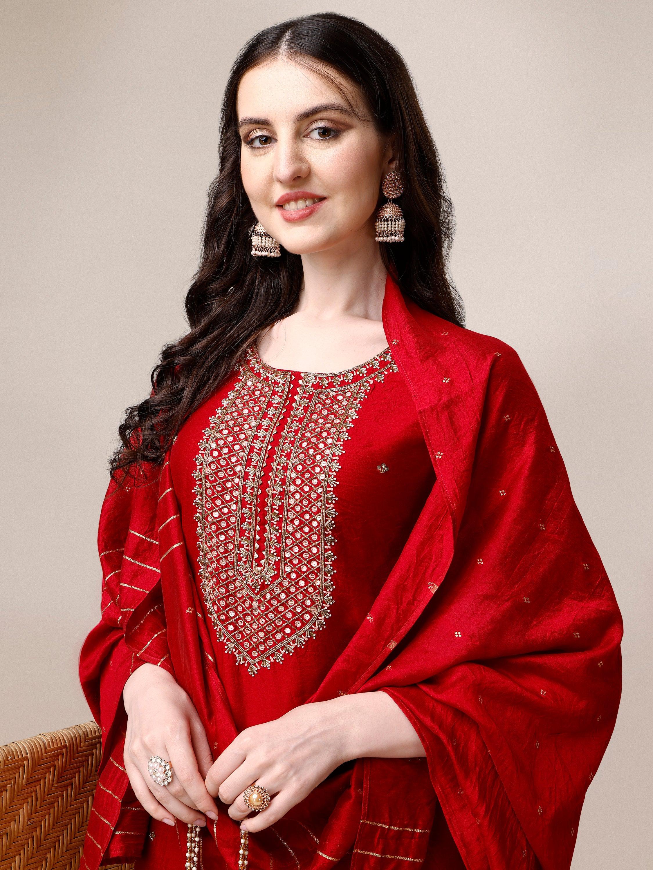 Hand Embroidered Kurta With Pant And Dupatta Set, Multicolor - Hiral Fashion