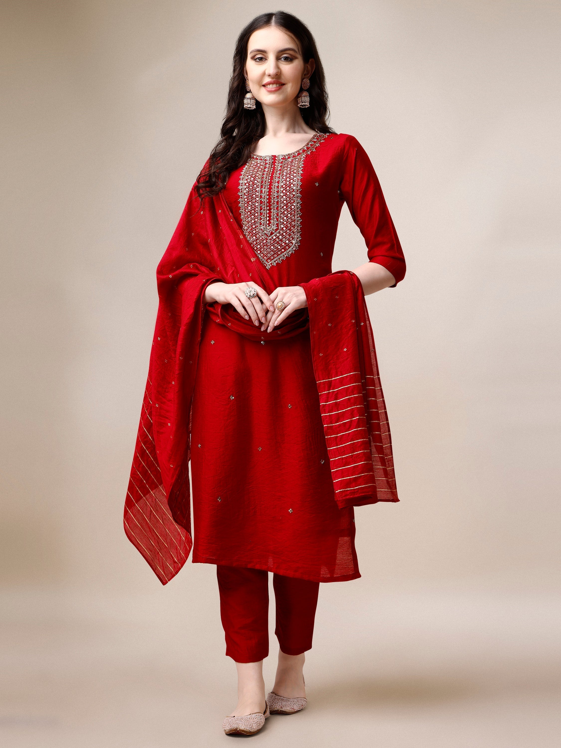 Hand Embroidered Kurta With Pant And Dupatta Set, Multicolor - Hiral Fashion