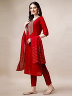 Hand Embroidered Kurta With Pant And Dupatta Set, Multicolor - Hiral Fashion