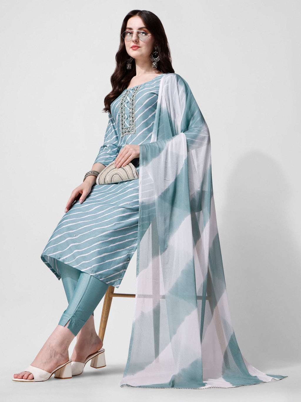 Leheriya Printed & Embroidered Kurta With Pant & Dupatta Set, Multicolor - Hiral Fashion - Distacart