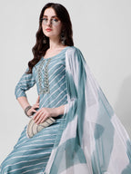 Leheriya Printed & Embroidered Kurta With Pant & Dupatta Set, Multicolor - Hiral Fashion - Distacart