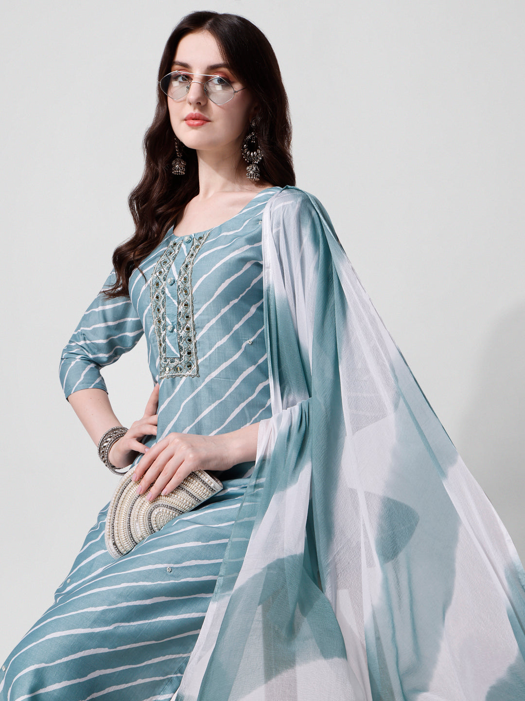 Leheriya Printed & Embroidered Kurta With Pant & Dupatta Set, Multicolor - Hiral Fashion - Distacart