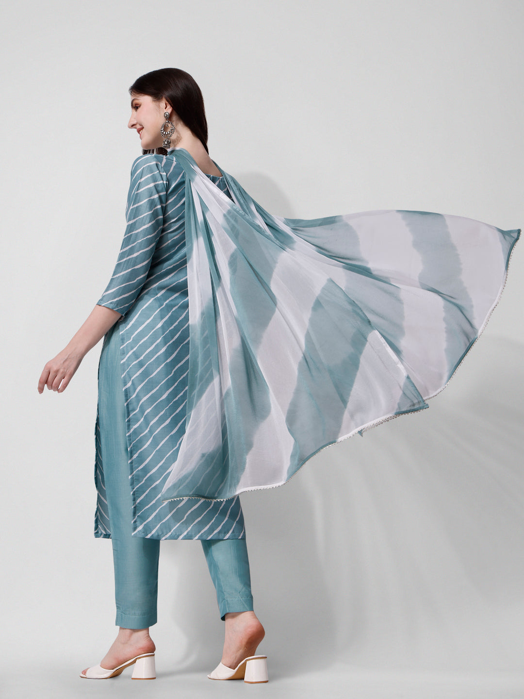 Leheriya Printed & Embroidered Kurta With Pant & Dupatta Set, Multicolor - Hiral Fashion - Distacart