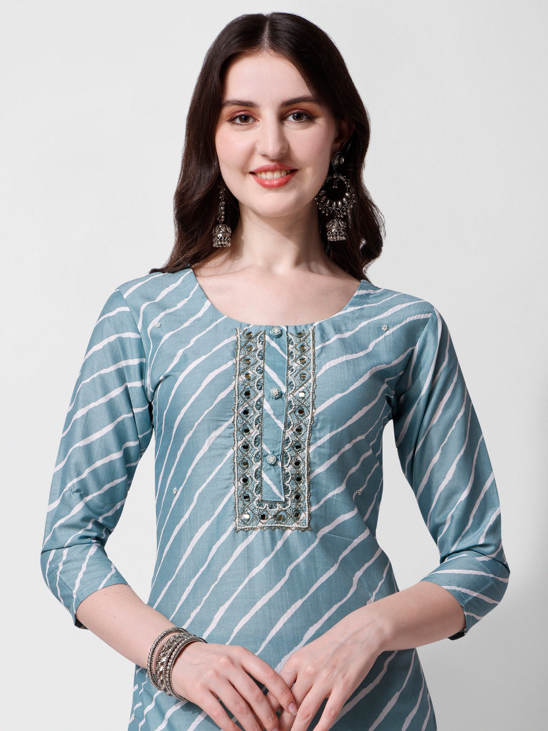 Leheriya Printed & Embroidered Kurta With Pant & Dupatta Set, Multicolor - Hiral Fashion - Distacart