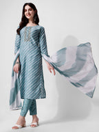 Leheriya Printed & Embroidered Kurta With Pant & Dupatta Set, Multicolor - Hiral Fashion - Distacart