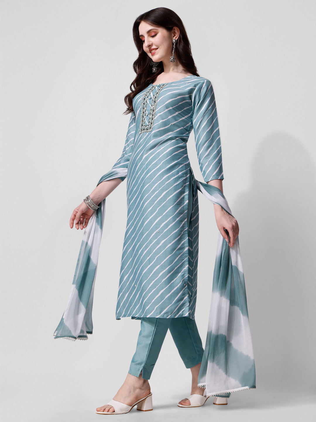 Leheriya Printed & Embroidered Kurta With Pant & Dupatta Set, Multicolor - Hiral Fashion - Distacart