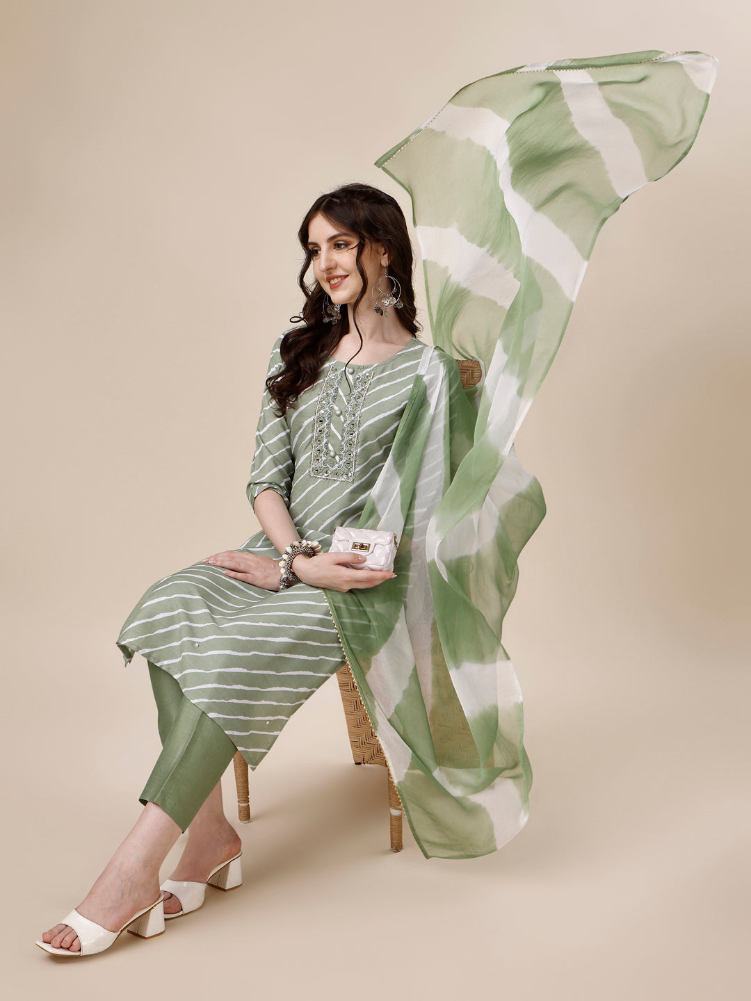Embroidered & Leheriya Kurta With Pant And Dupatta Set, Multicolor - Hiral Fashion - Distacart