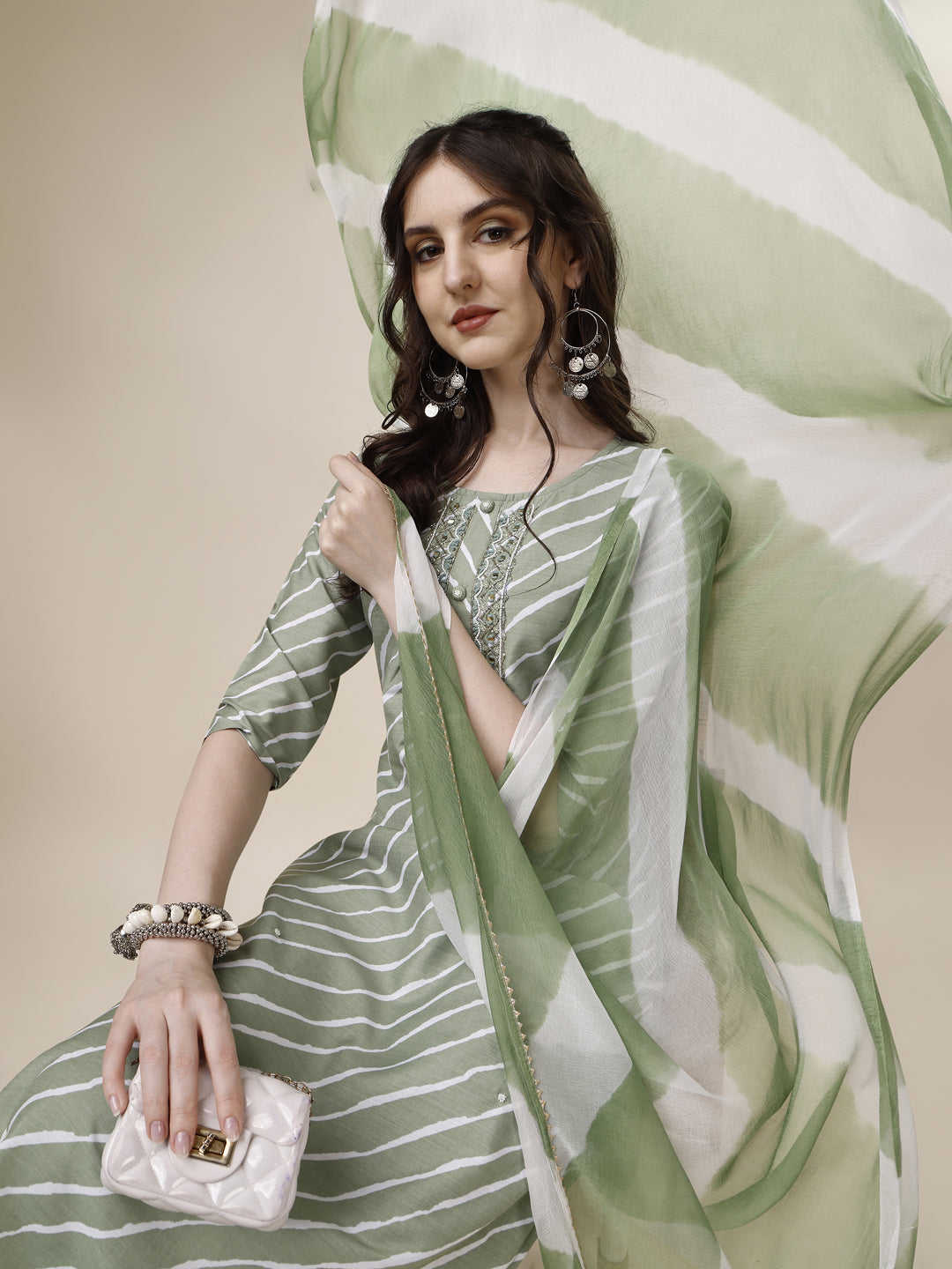 Embroidered & Leheriya Kurta With Pant And Dupatta Set, Multicolor - Hiral Fashion - Distacart