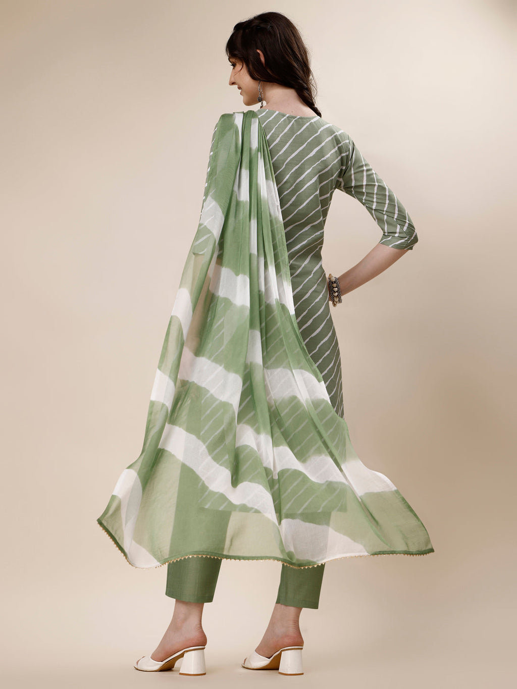 Embroidered & Leheriya Kurta With Pant And Dupatta Set, Multicolor - Hiral Fashion - Distacart