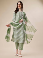 Embroidered & Leheriya Kurta With Pant And Dupatta Set, Multicolor - Hiral Fashion - Distacart