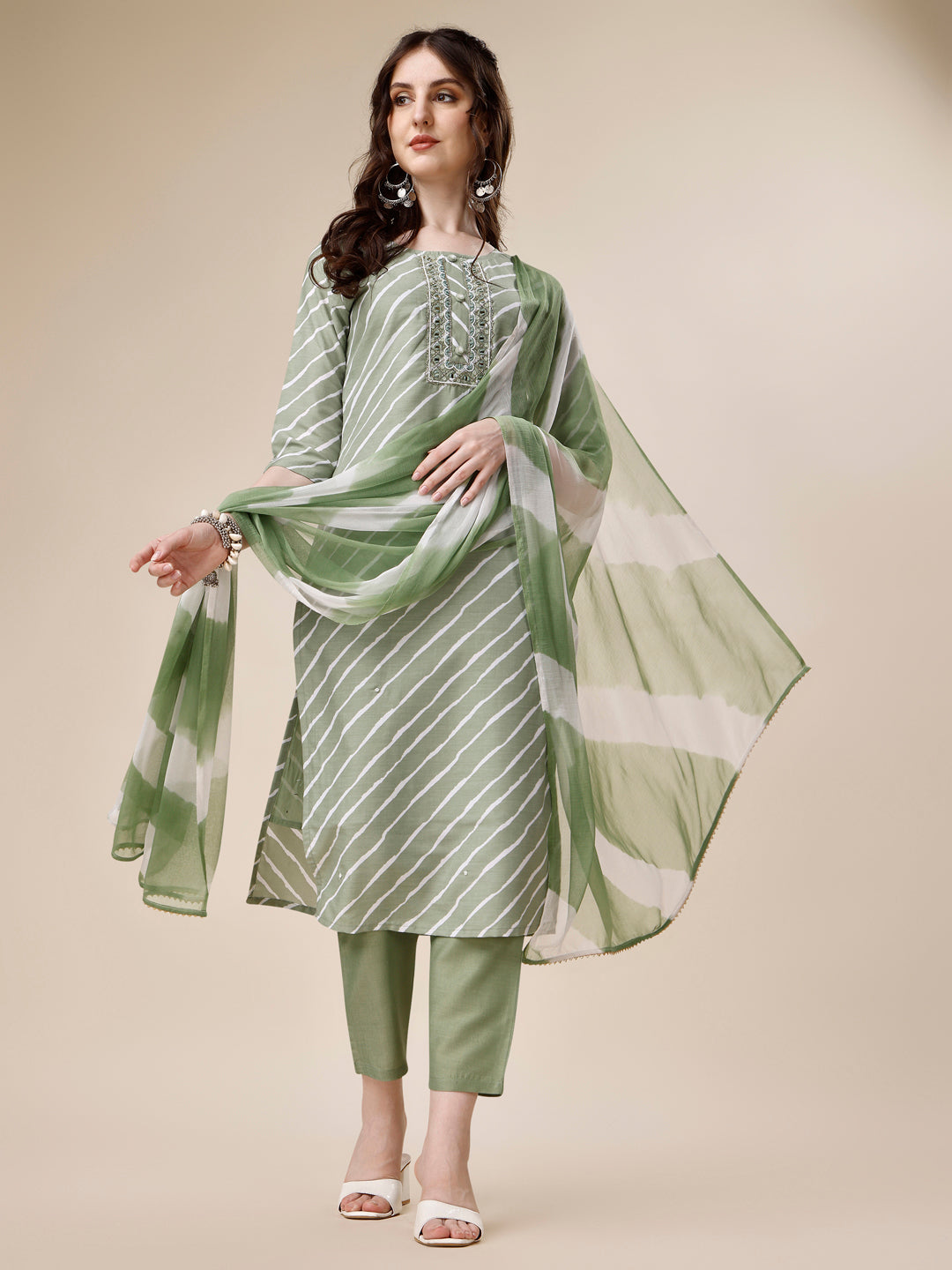 Embroidered & Leheriya Kurta With Pant And Dupatta Set, Multicolor - Hiral Fashion - Distacart