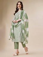 Embroidered & Leheriya Kurta With Pant And Dupatta Set, Multicolor - Hiral Fashion - Distacart