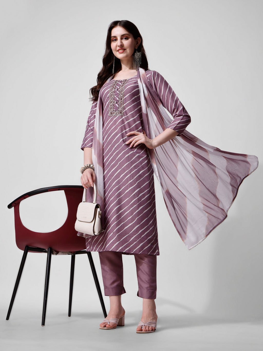 Leheriya Printed & Embroidered Kurta With Pant & Dupatta Set, Multicolor - Hiral Fashion