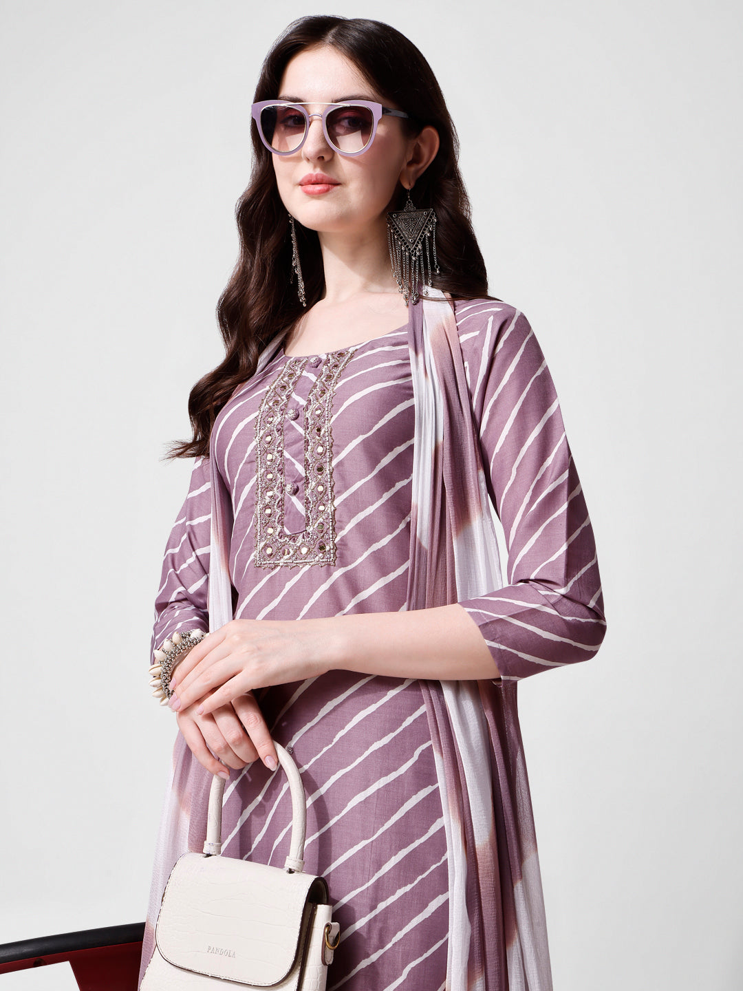 Leheriya Printed & Embroidered Kurta With Pant & Dupatta Set, Multicolor - Hiral Fashion