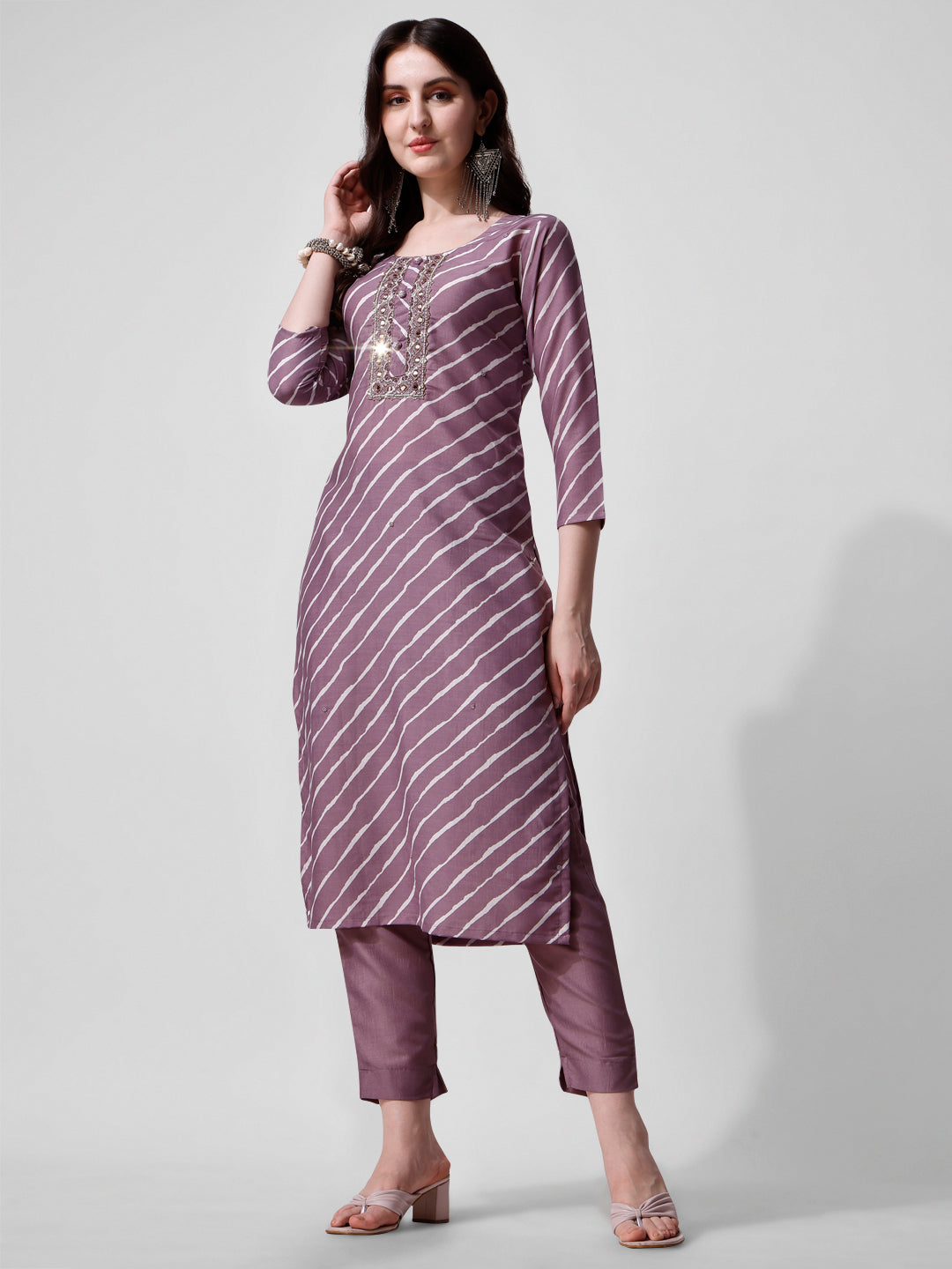 Leheriya Printed & Embroidered Kurta With Pant & Dupatta Set, Multicolor - Hiral Fashion
