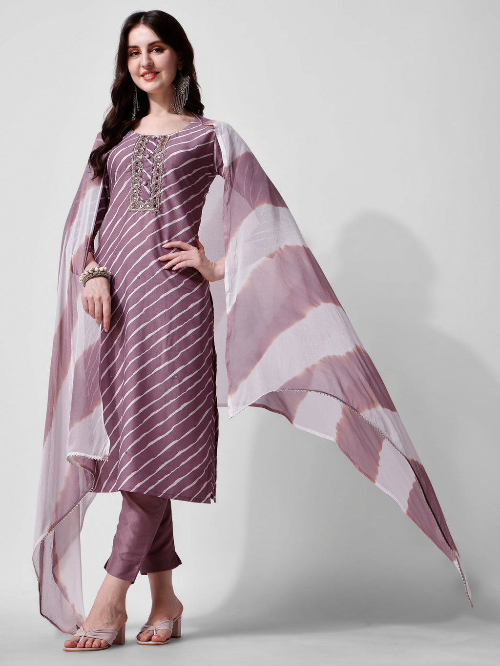 Leheriya Printed & Embroidered Kurta With Pant & Dupatta Set, Multicolor - Hiral Fashion