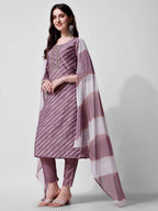 Leheriya Printed & Embroidered Kurta With Pant & Dupatta Set, Multicolor - Hiral Fashion